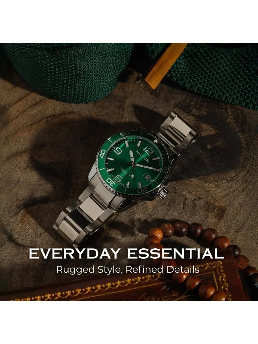 Men's Silver Stainless Steel Bracelet Green Dial Quickset Date Quartz Watches